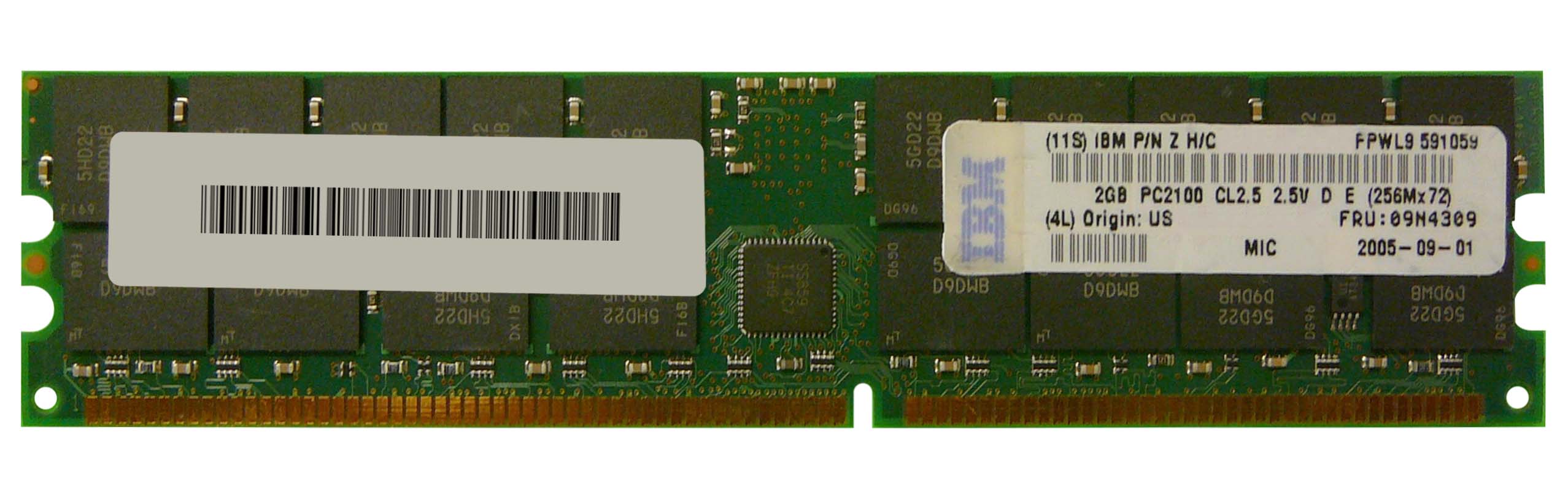 09N430906 IBM 2GB PC2100 DDR-266MHz Registered ECC CL2.5 184-Pin DIMM 2.5V Memory Module