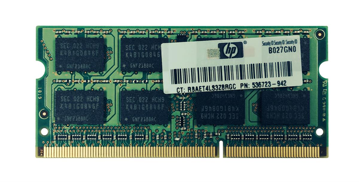 536723-942 HP 2GB PC3-10600 DDR3-1333MHz non-ECC Unbuffered CL9 204-Pin SoDimm Single Rank Memory Module