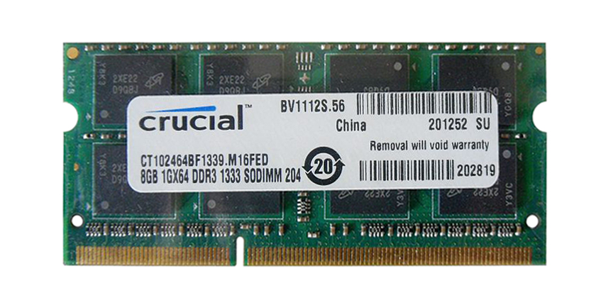 CT102464BF1339 Crucial 8GB PC3-10600 DDR3-1333MHz non-ECC Unbuffered CL9 204-Pin SoDimm 1.35V Low Voltage Dual Rank Memory Module