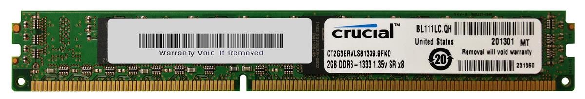 CT2G3ERVLS81339 Crucial 2GB PC3-10600 DDR3-1333MHz Registered ECC CL9 240-Pin DIMM 1.35V Low Voltage Very Low Profile (VLP) Single Rank Memory Module