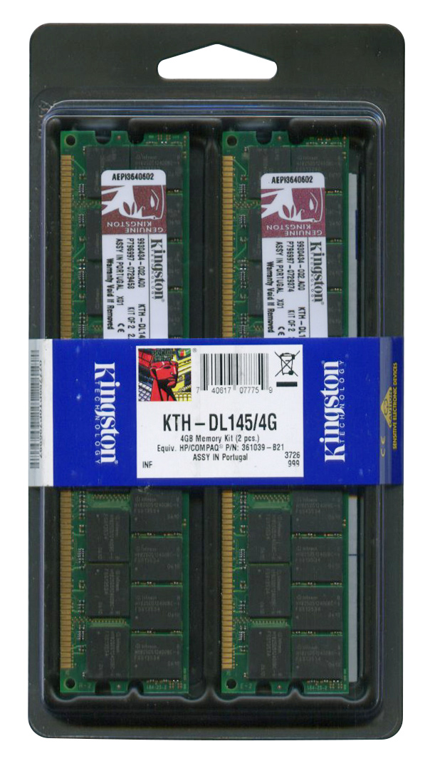 KTH-DL145/4G Kingston 4GB Kit (2 X 2GB) PC2700 DDR-333MHz Registered ECC CL2.5 184-Pin DIMM 2.5V Memory for HP ProLiant DL145 G1 Server 361039-B21