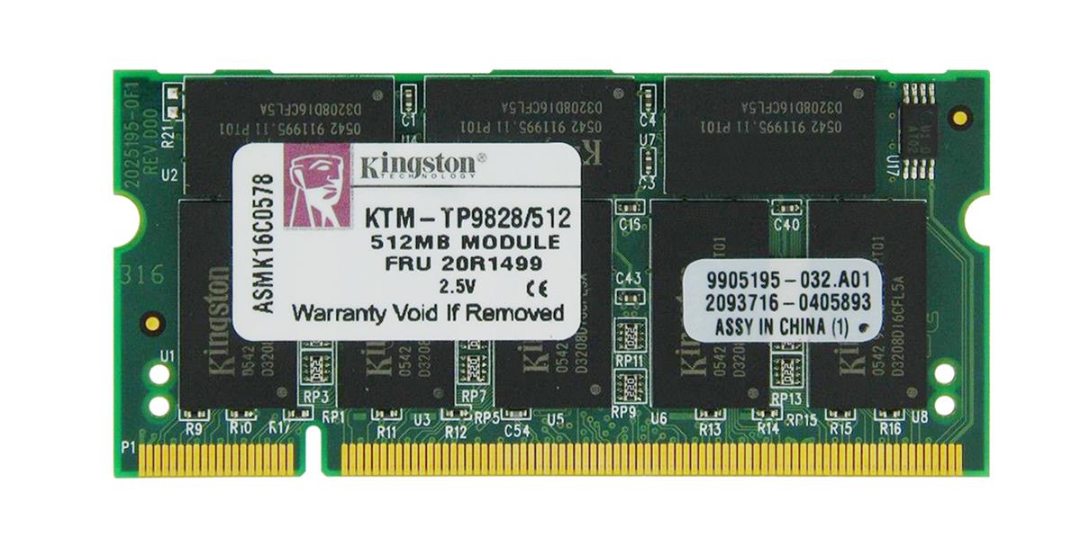 KTM-TP9828/512 Kingston 512MB PC2700 DDR-333MHz non-ECC Unbuffered CL2.5 200-Pin SoDimm Memory Module for Lenovo 31P9832, 31P9833, FRU 20R1499