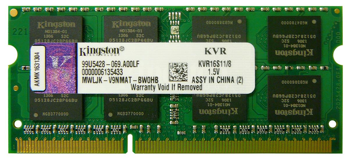 KVR16S11/8-A1 Kingston 8GB PC3-12800 DDR3-1600MHz non-ECC Unbuffered CL11 204-Pin SoDIMM Dual Rank Memory Module