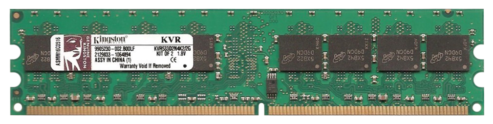 KVR533D2N4K2/2G Kingston 2GB Kit (2 X 1GB) PC2-4200 DDR2-533MHz non-ECC Unbuffered CL4 240-Pin DIMM Memory