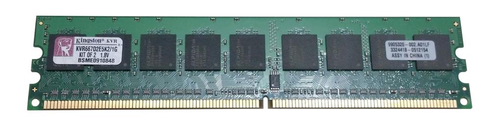 KVR667D2E5K2/1G Kingston 1GB Kit (2 X 512MB) PC2-5300 DDR2-667MHz ECC Unbuffered CL5 240-Pin DIMM Single Rank Memory