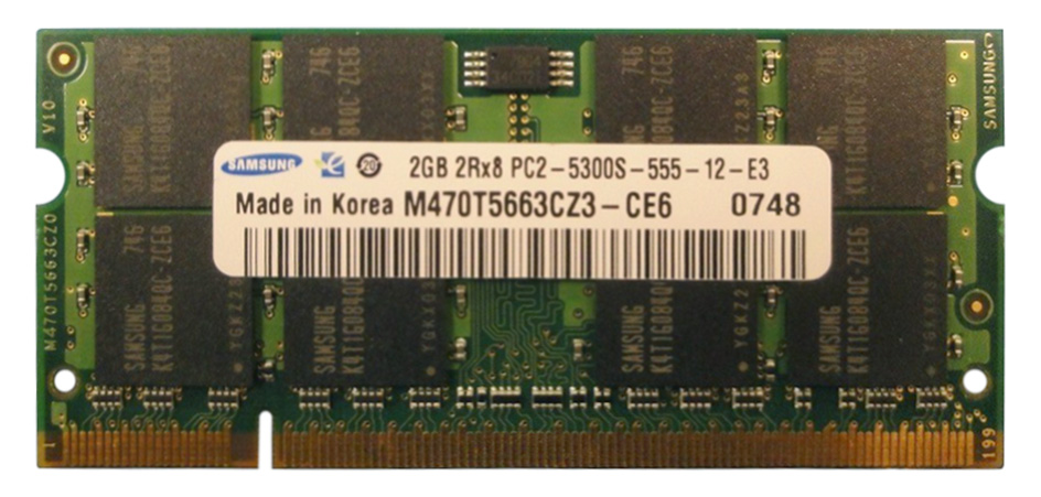 M470T5663CZ3-CE6 Samsung 2GB PC2-5300 DDR2-667MHz non-ECC Unbuffered CL5 200-Pin SoDimm Dual Rank Memory Module