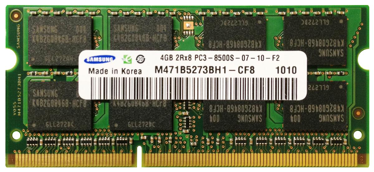 M471B5273BH1-CF8 Samsung 4GB PC3-8500 DDR3-1066MHz non-ECC Unbuffered CL7 204-Pin SoDimm Dual Rank Memory Module