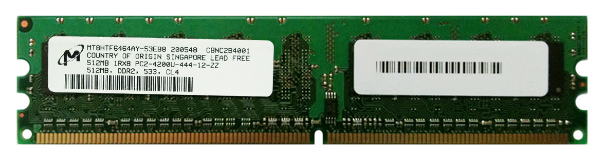 MT8HTF6464AY-53E Micron 512MB PC2-4200 DDR2-533MHz non-ECC Unbuffered CL4 240-Pin DIMM Single Rank Memory Module
