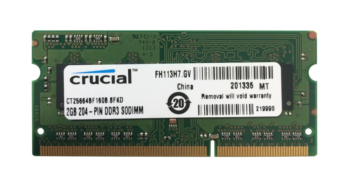 CT25664BF160B.8FKD Crucial 2GB PC3-12800 DDR3-1600MHz non-ECC Unbuffered CL11 204-Pin SoDimm 1.35V Low Voltage Memory Module