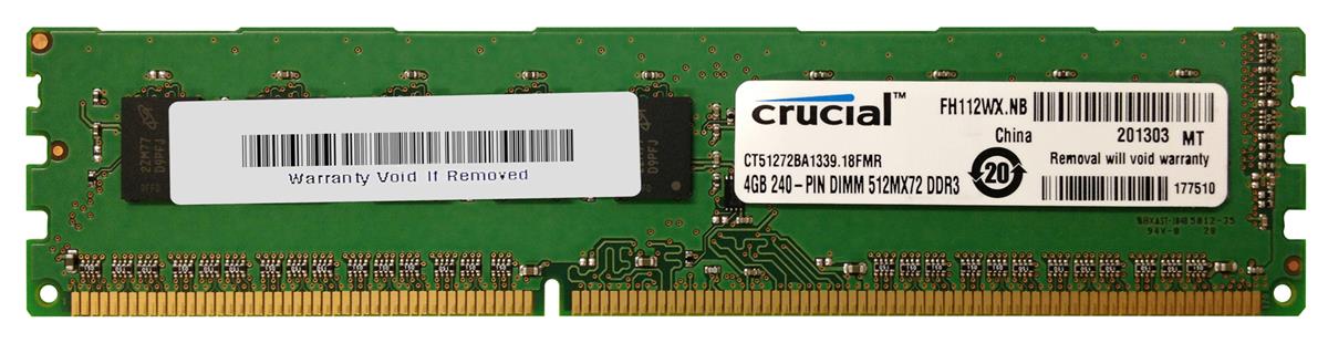CT51272BA1339.18FMR Crucial 4GB PC3-10600 DDR3-1333MHz ECC Unbuffered CL9 240-Pin DIMM Dual Rank Memory Module