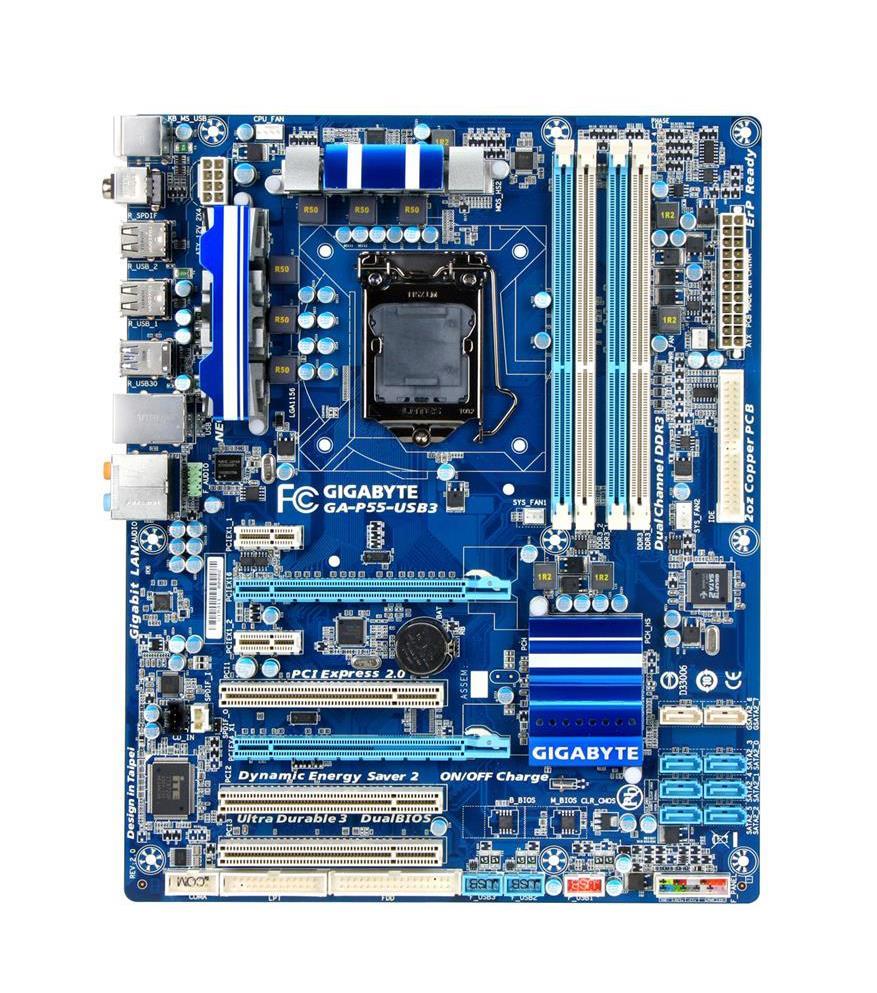GA-P55-USB3 (rev. 1.0) Gigabyte Socket LGA 1156 Intel P55 Express Chipset DDR3 4x DIMM Core i7 / i5 / i3 Processors Support DDR3 4x DIMM 6x SATA 3.0Gb/s ATX Motherboard (Refurbished)