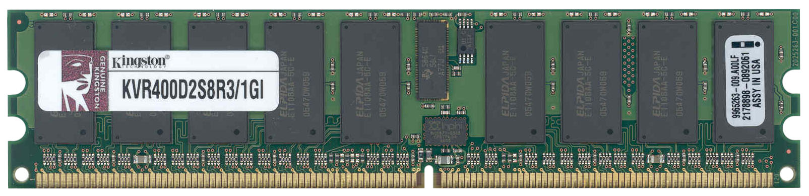 KVR400D2S8R3/1GI Kingston 1GB PC2-3200 DDR2-400MHz ECC Registered CL3 240-Pin DIMM Single Rank Memory Module