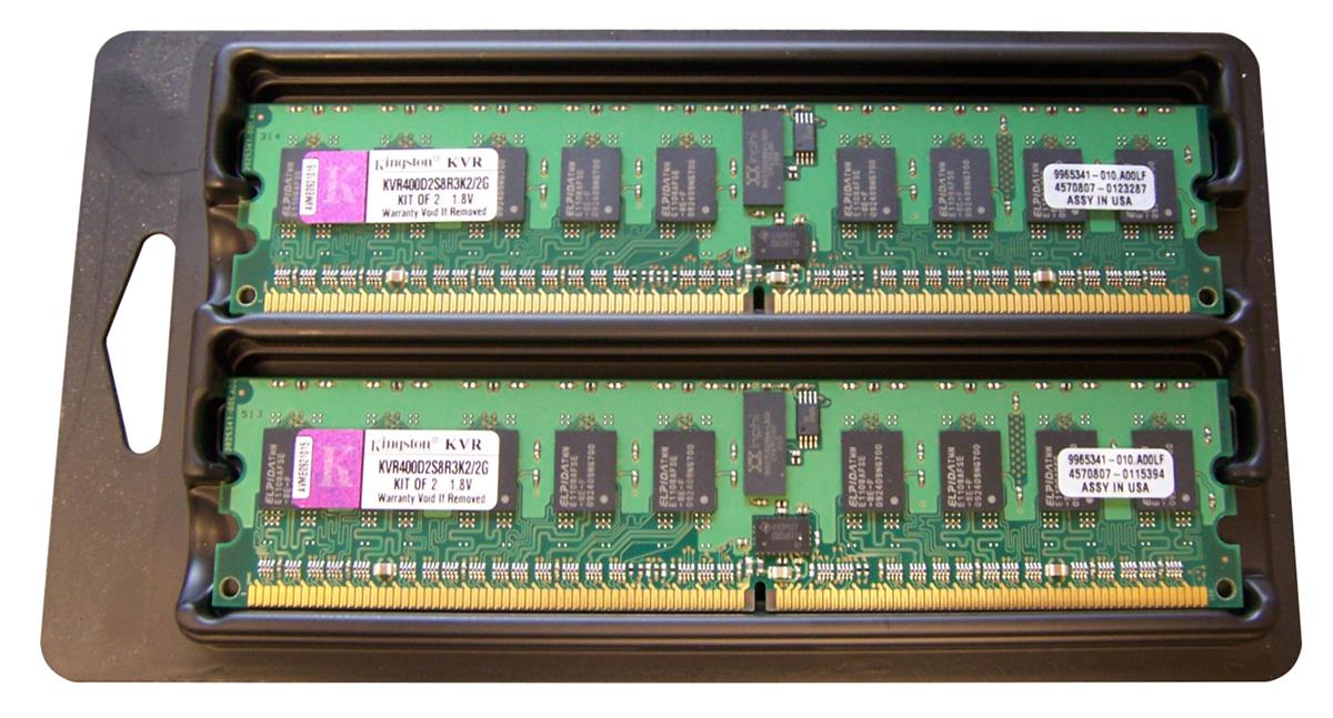 KVR400D2S8R3K2/2G Kingston 2GB Kit (2 X 1GB) PC2-3200 DDR2-400MHz ECC Registered CL3 240-Pin DIMM Single Rank x8 Memory