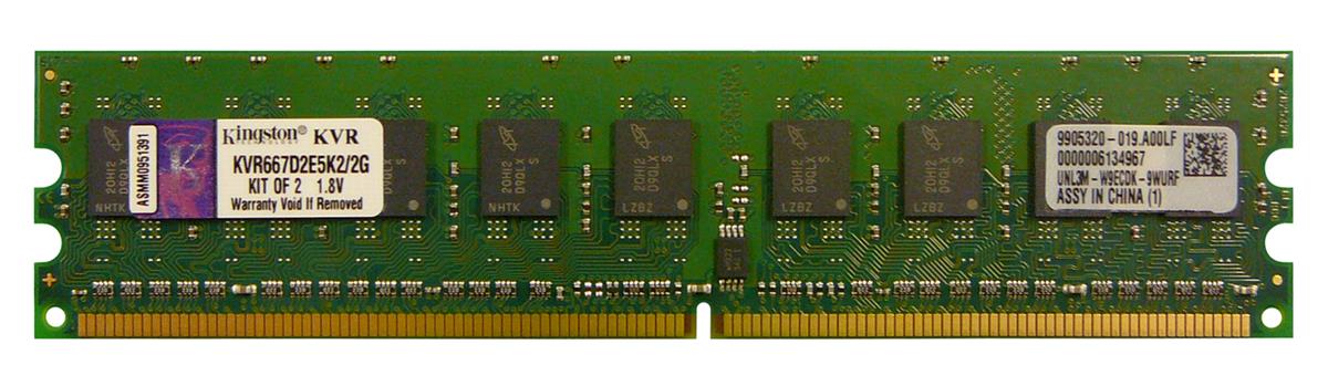 KVR667D2E5K2/2G Kingston 2GB Kit (2 X 1GB) PC2-5300 DDR2-667MHz ECC Unbuffered CL5 240-Pin DIMM Dual Rank Memory