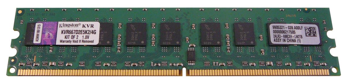 KVR667D2E5K2/4G Kingston 4GB Kit (2 X 2GB) PC2-5300 DDR2-667MHz ECC Unbuffered CL5 240-Pin DIMM Dual Rank Memory