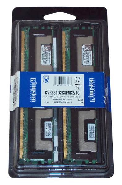 KVR667D2S8F5K2/1G Kingston 1GB Kit (2 X 512MB) PC2-5300 DDR2-667MHz ECC Fully Buffered CL5 240-Pin DIMM Single Rank x8 Memory for ASUS