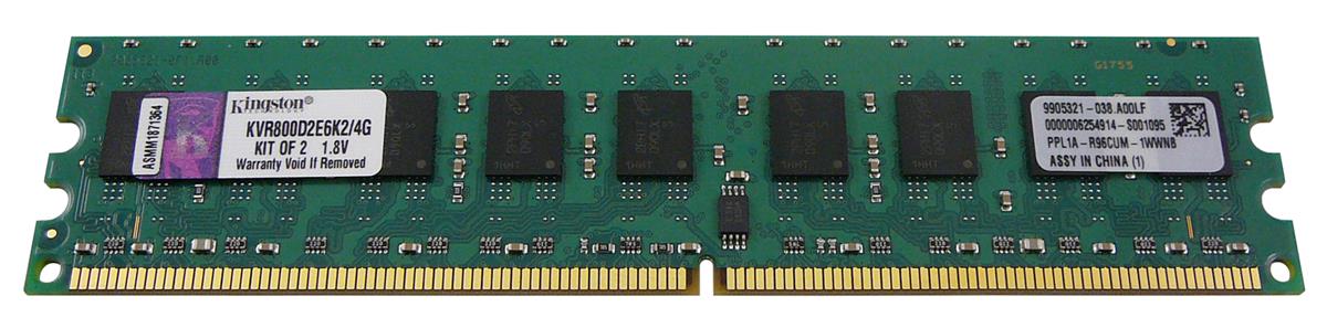 KVR800D2E6K2/4G Kingston 4GB Kit (2 X 2GB) PC2-6400 DDR2-800MHz ECC Unbuffered CL6 240-pin DIMM Memory
