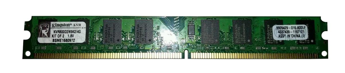 KVR800D2N5K2/4G Kingston 4GB Kit (2 X 2GB) PC2-6400 DDR2-800MHz non-ECC Unbuffered CL5 240-Pin DIMM Dual Rank Memory