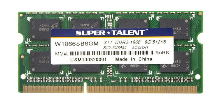 W1866SB8GM Super Talent 8GB PC3-14900 DDR3-1866MHz non-ECC Unbuffered CL13 204-Pin SoDimm Dual Rank Memory Module