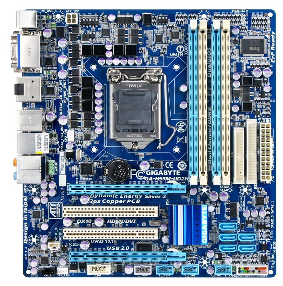 GA-H55M-UD2H-A1 Gigabyte Intel H55 Express Chipset Socket 1156 1 x Processor Support 16GB DDR3 SDRAM Maximum RAM CrossFireX Support Floppy Controller Serial ATA/300 Ultra ATA/133 (ATA-7) 2 x PCIe x16 Slot HDMI ATX Desktop Motherboard (Refurbished)