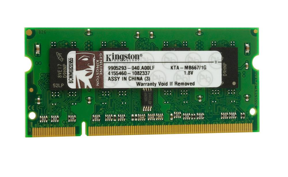 KTA-MB667/1G Kingston 1GB PC2-5300 DDR2-667MHz non-ECC Unbuffered CL5 200-Pin SoDimm Dual Rank Memory Module for Apple