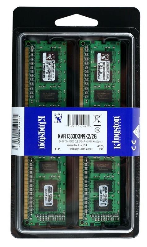 KVR1333D3N9K2/2G Kingston 2GB Kit (2 X 1GB) PC3-10600 DDR3-1333MHz non-ECC Unbuffered CL9 240-Pin DIMM Single Rank Memory