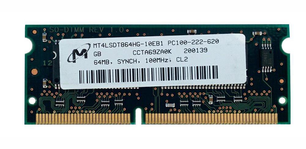 MT4LSDT864HG-10 Micron 64MB PC100 100MHz non-ECC Unbuffered CL2 144-Pin SoDimm Memory Module