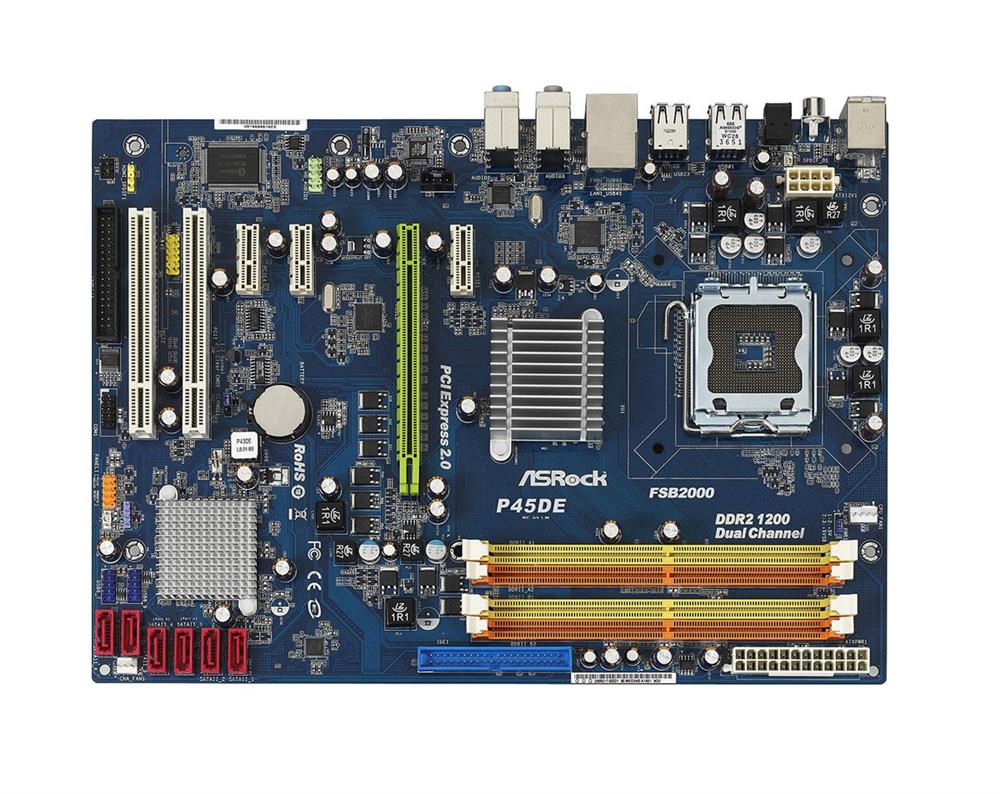 P45DE-BO-R ASRock P45DE Socket LGA 775 Intel P45 + ICH10 Chipset Core 2 Extreme/ Core 2 Quad/ Core 2 Duo/ Pentium Dual-Core/ Celeron Dual-Core/ Celeron Processors support DDR2 4x DIMM 6x SATA2 3.0Gb/s ATX Motherboard (Refurbished)
