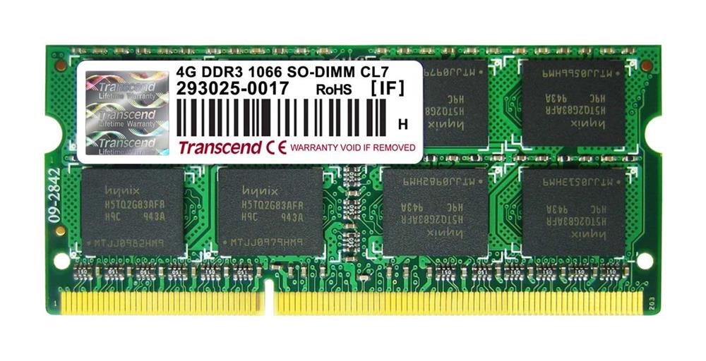 TS512MSK64V1N Transcend 4GB PC3-8500 DDR3-1066MHz non-ECC Unbuffered CL7 204-Pin SoDimm Dual Rank Memory Module