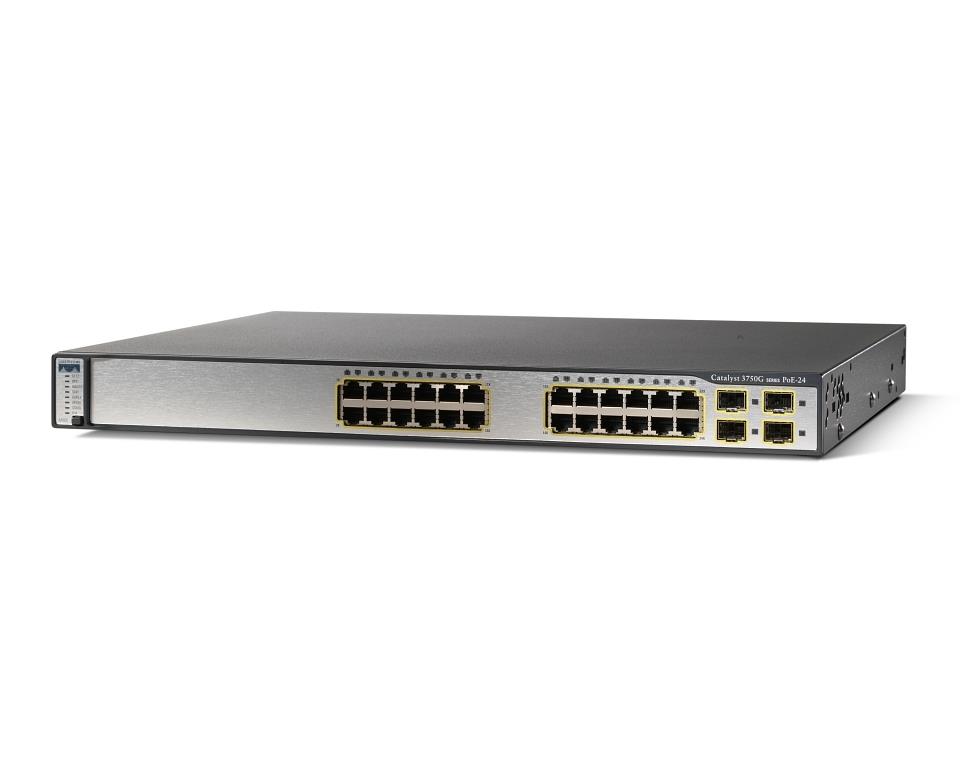 WS-C3750G-24PS-S Cisco Catalyst 3750 24-Ports 10/100/1000T RJ-45 PoE Manageable Layer3 Rack Mountable 1U and Stackable Switch with 4x SFP Ports (Refurbished)