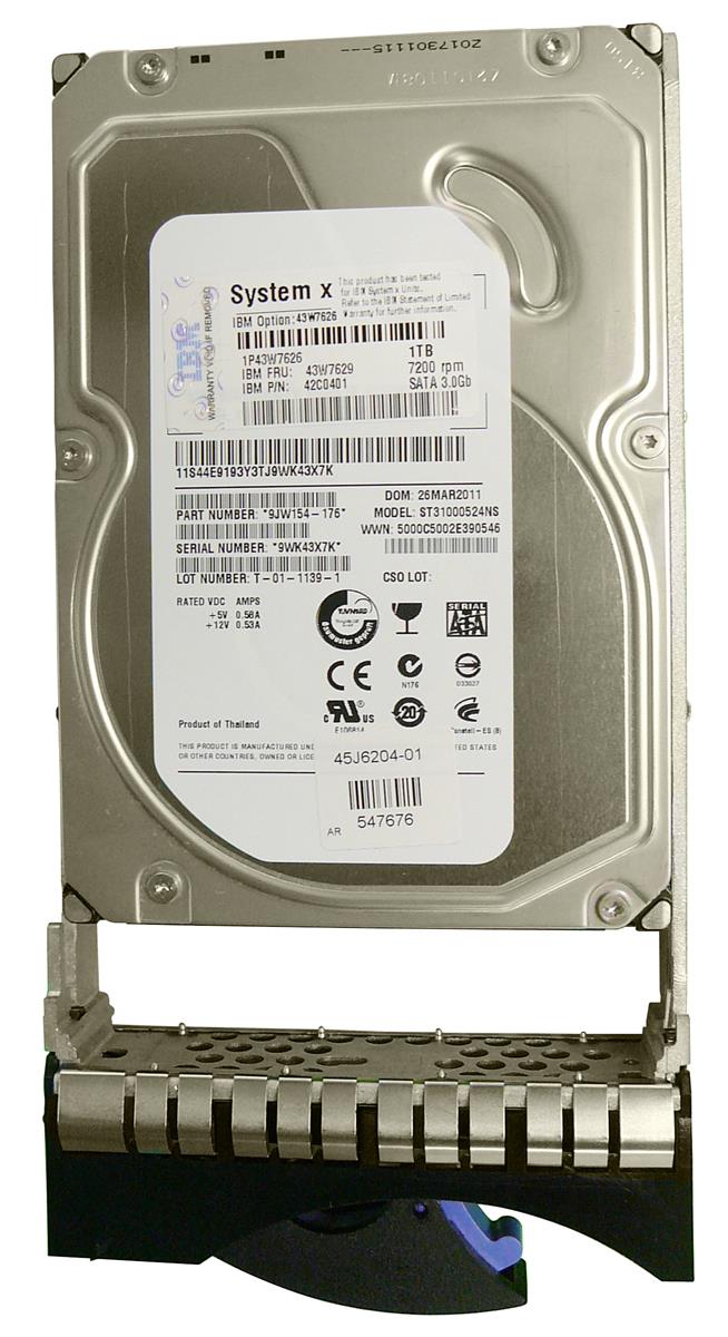 43W7629 Lenovo 1TB 7200RPM SATA 3Gbps Hot Swap 32MB Cache 3.5-inch Internal Hard Drive