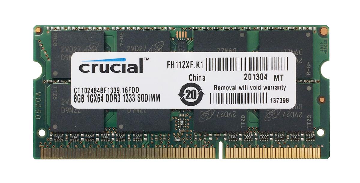 CT102464BF1339.16FDD Crucial 8GB PC3-10600 DDR3-1333MHz non-ECC Unbuffered CL9 204-Pin SoDimm 1.35V Low Voltage Dual Rank Memory Module
