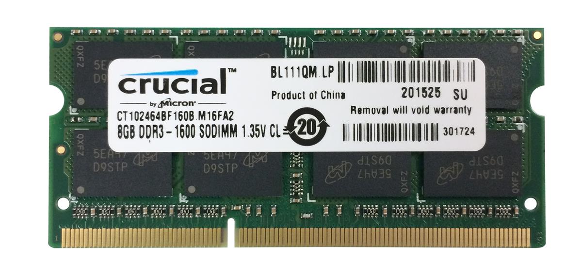 CT102464BF160B.M16FA2 Crucial 8GB PC3-12800 DDR3-1600MHz non-ECC Unbuffered CL11 204-Pin SoDimm 1.35V Low Voltage Dual Rank Memory Module