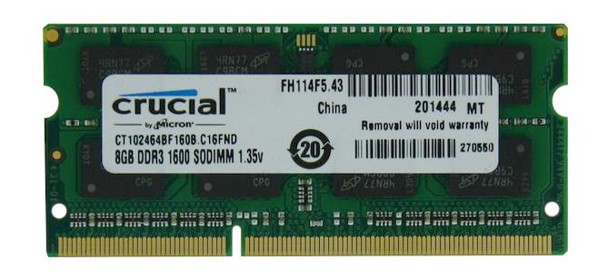 CT102464BF160B.C16FND Crucial 8GB PC3-12800 DDR3-1600MHz non-ECC Unbuffered CL11 204-Pin SoDimm 1.35V Low Voltage Dual Rank Memory Module