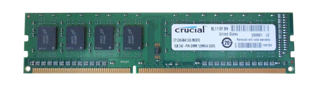 CT12864BA1339.M8SFD Crucial 1GB PC3-10600 DDR3-1333MHz non-ECC Unbuffered CL9 240-Pin DIMM Single Rank Memory Module