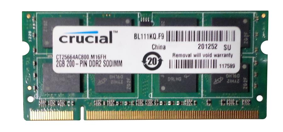 CT25664AC800.M16FH Crucial 2GB PC2-6400 DDR2-800MHz non-ECC Unbuffered CL6 200-Pin SoDimm Dual Rank Memory Module
