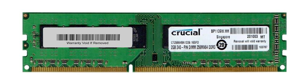 CT25664BA1339.16SFD Crucial 2GB PC3-10600 DDR3-1333MHz non-ECC Unbuffered CL9 240-Pin DIMM Dual Rank Memory Module