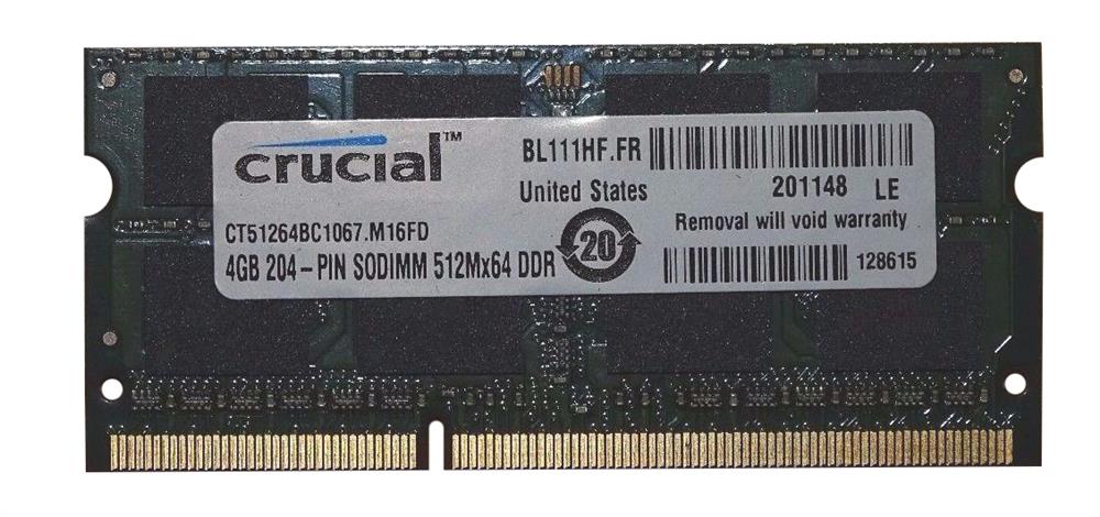 CT51264BC1067.M16FD Crucial 4GB PC3-8500 DDR3-1066MHz non-ECC Unbuffered CL7 204-Pin SoDimm Dual Rank Memory Module