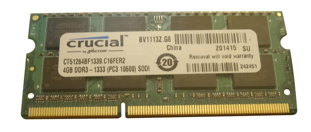 CT51264BF1339.C16FER2 Crucial 4GB PC3-10600 DDR3-1333MHz non-ECC Unbuffered CL9 204-Pin SoDimm 1.35V Low Voltage Memory Module