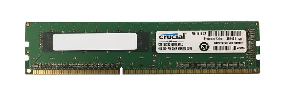 CT51272BD160BJ Crucial 4GB PC3-12800 DDR3-1600MHz ECC Unbuffered CL11 240-Pin DIMM 1.35V Low Voltage Single Rank Memory Module