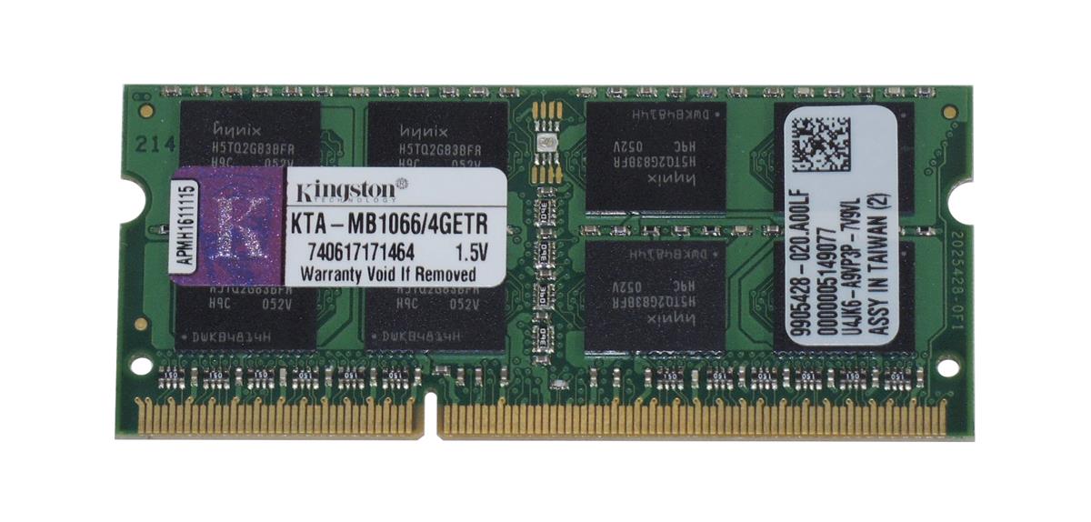 KTA-MB1066/4GETR Kingston 4GB PC3-8500 DDR3-1066MHz non-ECC Unbuffered CL7 204-Pin SoDimm Dual Rank Memory Module
