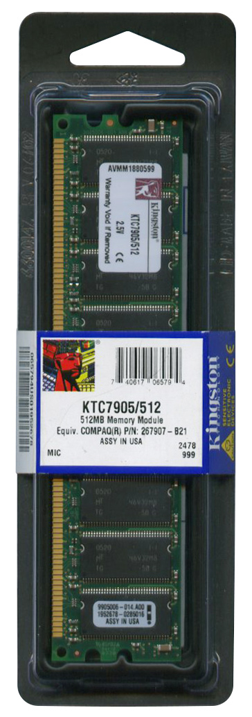KTC7905/512 Kingston 512MB PC2100 DDR-266MHz ECC Unbuffered CL2.5 184-Pin DIMM Memory Module for HP/Compaq 267907-B21