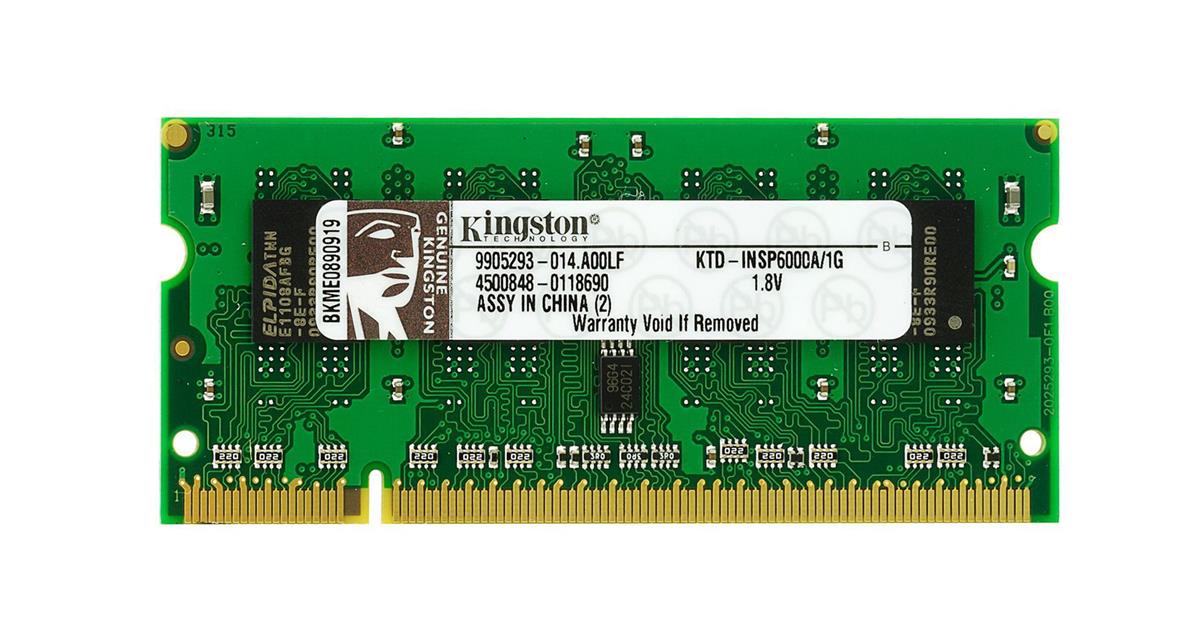 KTD-INSP6000B/1G Kingston 1GB PC2-5300 DDR2-667MHz non-ECC Unbuffered CL5 200-Pin SoDimm Dual Rank Memory Module