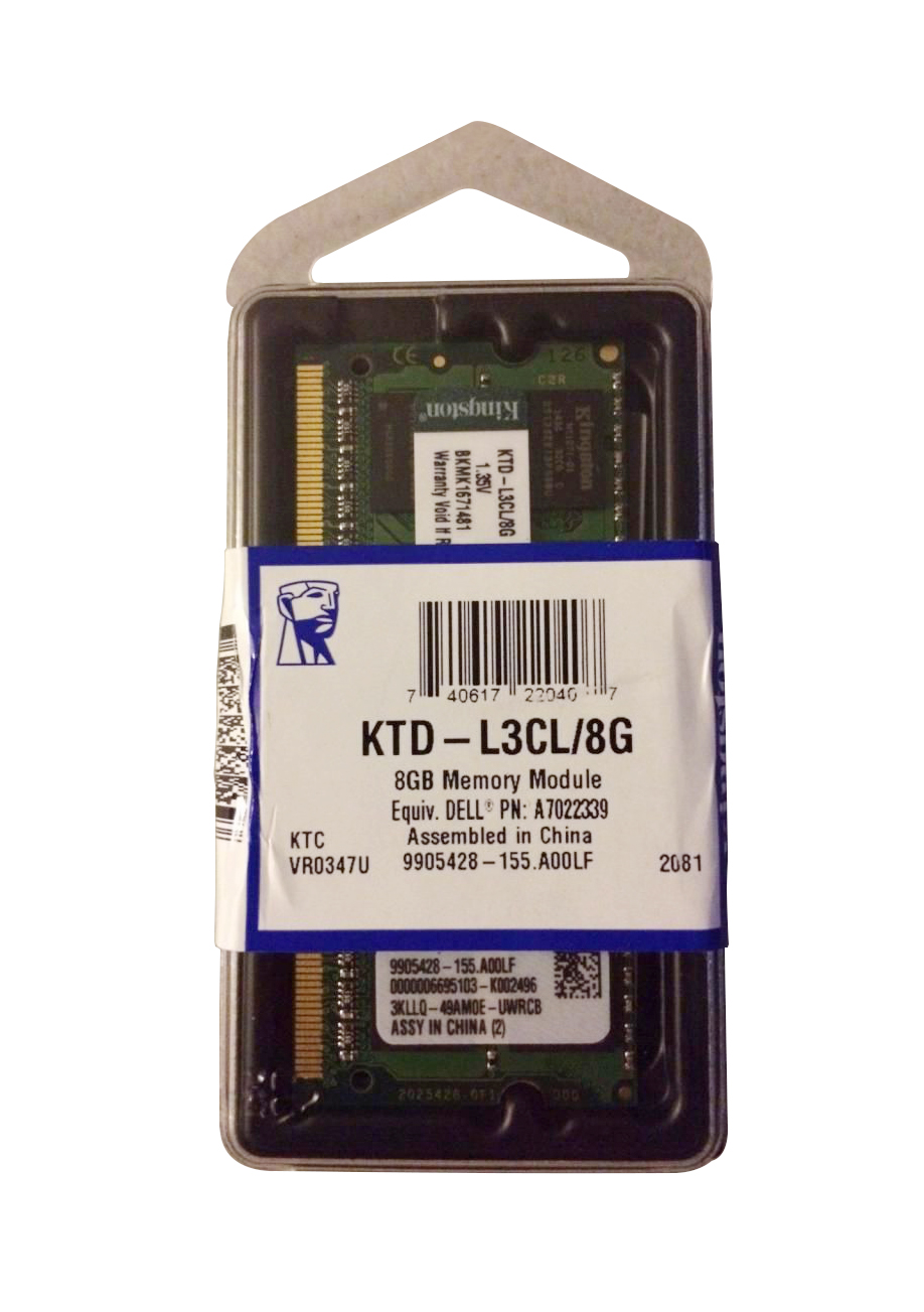 KTD-L3CL/8G Kingston 8GB PC3-12800 DDR3-1600MHz non-ECC Unbuffered CL11 204-Pin SoDimm 1.35V Low Voltage Memory Module