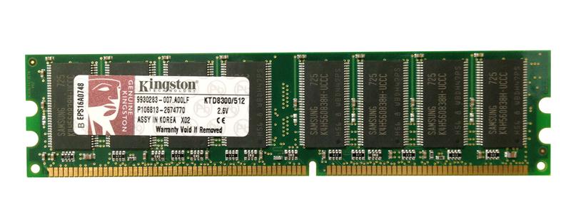 KTD8300/512 Kingston 512MB PC3200 DDR-400MHz non-ECC Unbuffered CL3 184-Pin DIMM Memory Module for Dell 311-2690; A0119249; A0388041; A0546964; A0547735