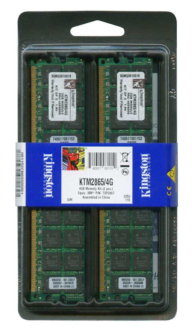KTM2865/4G Kingston 4GB Kit (2 X 2GB) PC2-3200 DDR2-400MHz ECC Registered CL3 240-Pin DIMM Dual Rank Memory (Chipkill) for IBM 39M5812, 39M5814, 73P2867, FRU 40E9000, OEM FRU 73P2871