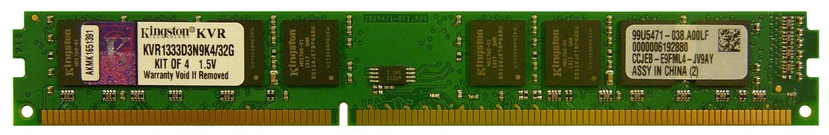 KVR1333D3N9K4/32G Kingston 32GB Kit (4 X 8GB) PC3-10600 DDR3-1333MHz non-ECC Unbuffered CL9 240-Pin DIMM Dual Rank Memory