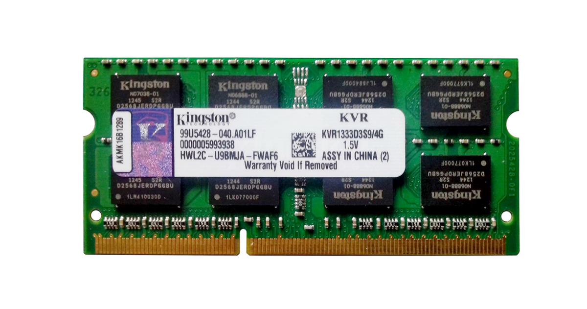 KVR1333D3S9/4G Kingston 4GB PC3-10600 DDR3-1333MHz non-ECC Unbuffered CL9 204-Pin SoDimm Dual Rank Memory Module