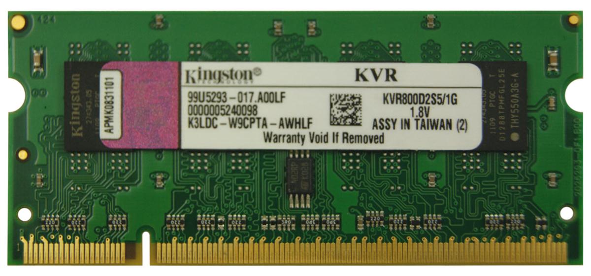 KVR800D2S5/1G Kingston 1GB PC2-6400 DDR2-800MHz non-ECC Unbuffered CL5 200-Pin SoDimm Dual Rank Memory Module