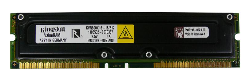 KVR800X16-16/512 Kingston 512MB PC800 800MHz non-ECC 184-Pin RDRAM RIMM Memory Module
